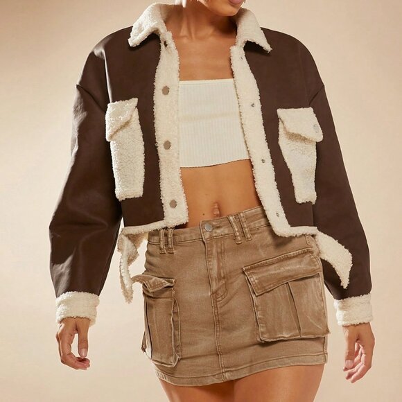 Brown Casual Women's Contrast Teddy Crop Jacket - Picture 6 of 6